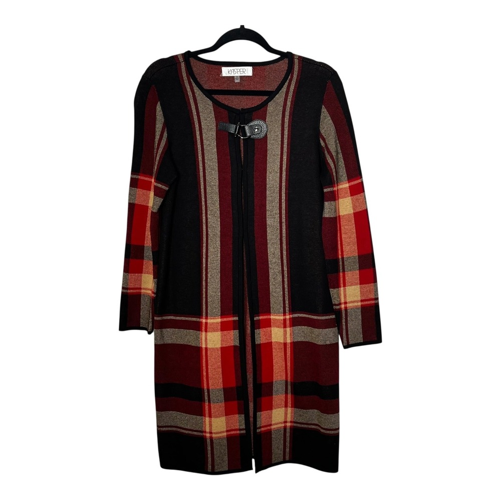 Kasper Womens Red Black Plaid Longline Cardigan Sweater Buckle Closure Size M